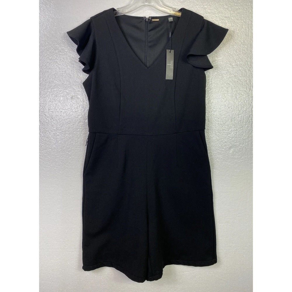 TAHARI Womens Jumpsuit Romper Sz 10‎ Black V Neck Flutter sleeve Pockets No belt